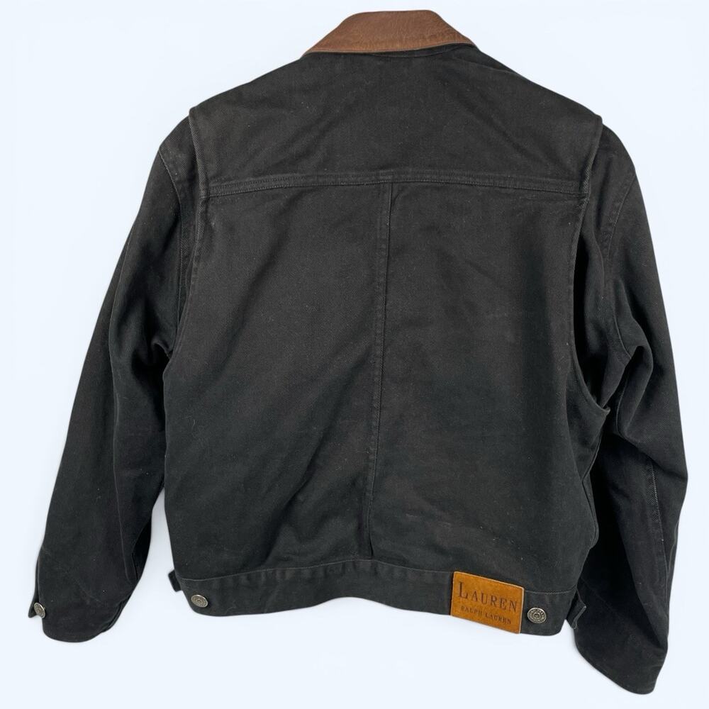 Lauren Ralph Lauren Cropped Black Denim Jacket with Leather Collar MD Petite - Picture 2 of 14